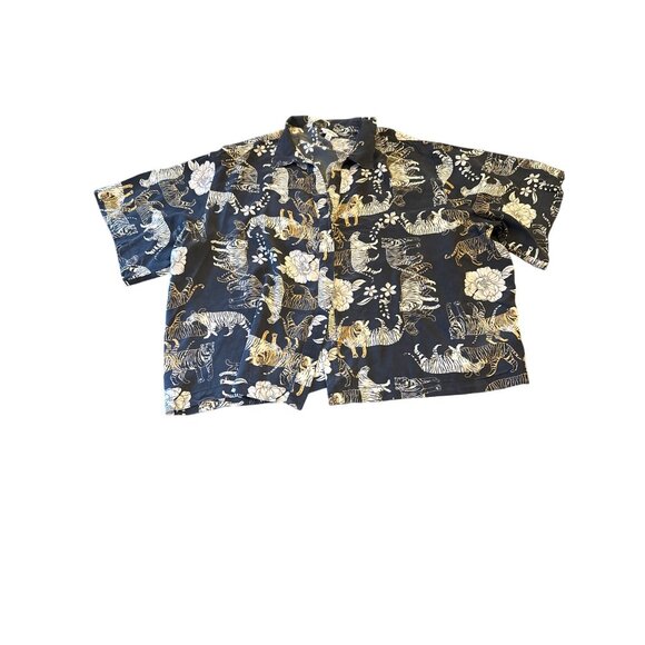 Johnny Was XXL 100% Silk Shirt With Tiger & Floral Print Black & White Jungle - Picture 1 of 5